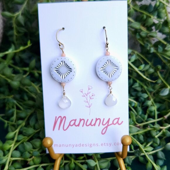 Boho Semi-Precious Stone Dangle Earrings - White, Blue, Purple - Picture 1 of 10